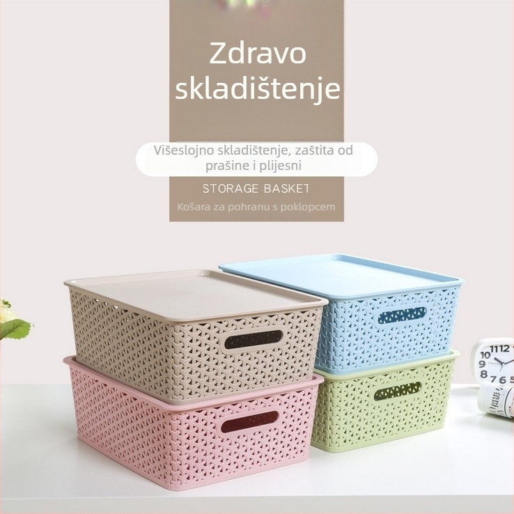 Plastična kutija za skladištenje s poklopcem u stilu ratana, za knjige, odjeću i kozmetiku; stolni organizator s otvorenim uzorkom