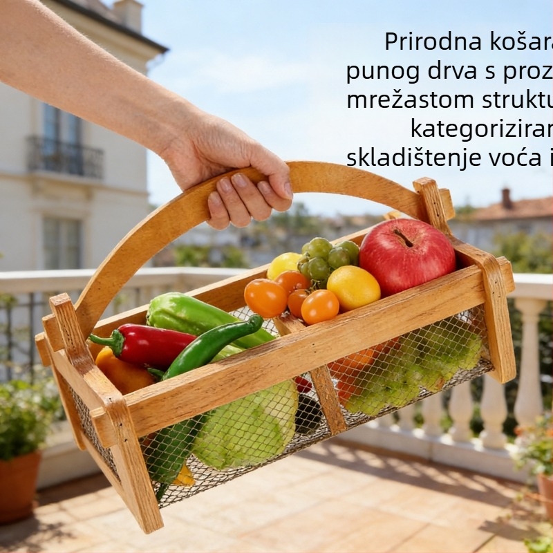 Prirodni drveni ručno koš za voće i povrće s podijeljenim mrežastim pretincima za kuhinjsko skladištenje, višenamjenski odvodni koš