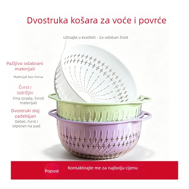 Prilagođeni kuhinjski dvostruki košar za pranje povrća i voća, prozirna, velik kapacitet, plastična