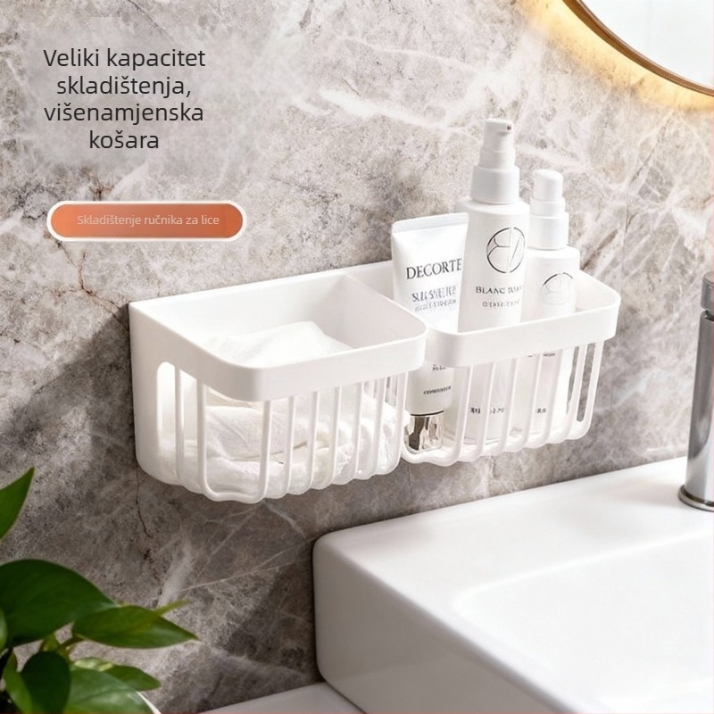 Bijeli zidni koš za odlaganje u kupaonici i uz umivaonik — minimalistički dizajn, montaža bez bušenja