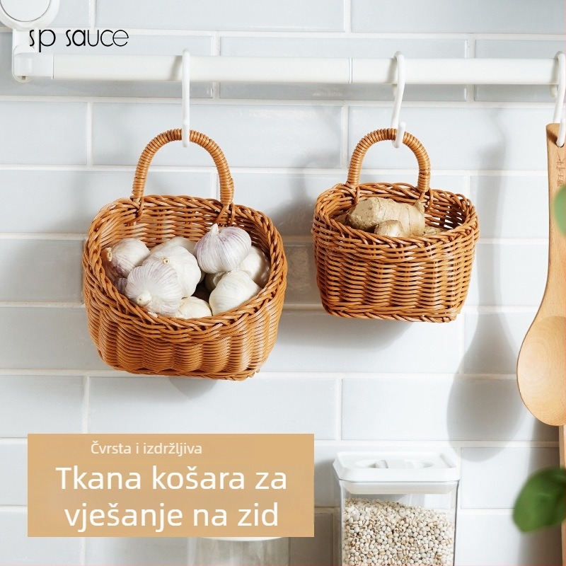 Kuhinjska zidna košara za pohranu luka, đumbira i češnjaka — ručno pleteni koš