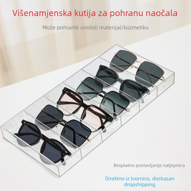 Akrilni stolni organizator sa šest dijelova za naočale, sunčane naočale, kozmetiku i uredske potrepštine – proziran