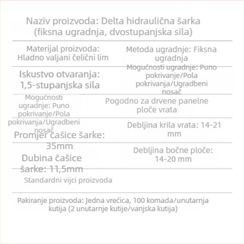 Left Neighbor Delta hidraulična šarka s fiksnom ugradnjom, ETA šarka malog kuta s tlmj‑ enjem (Model 990217/990220)