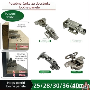 Šarnir s tlumičem za drvena vrata, 40 mm bočni panel, 170 mm list vrata, veliki čep, bez bušenja, 36° kut, dvostruki poklopac šarnira, nehrđajući čelik
