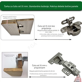 Šarnir s tlumičem za drvena vrata, 40 mm bočni panel, 170 mm list vrata, veliki čep, bez bušenja, 36° kut, dvostruki poklopac šarnira, nehrđajući čelik