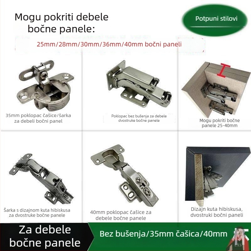 Šarnir s tlumičem za drvena vrata, 40 mm bočni panel, 170 mm list vrata, veliki čep, bez bušenja, 36° kut, dvostruki poklopac šarnira, nehrđajući čelik