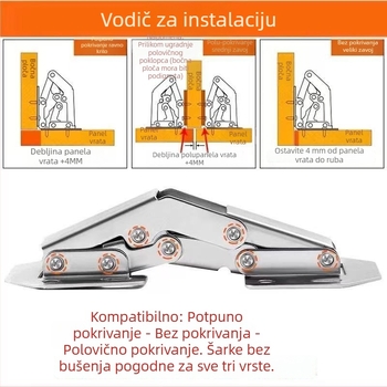 Šarke za vrata ormarića bez rupa s hidrauličkim tlumenjem i oprugom, nehrđajući čelik, sklopni hardver za garderobu