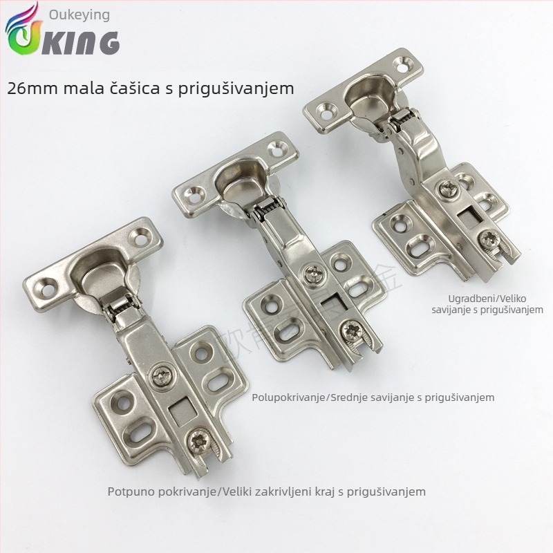 Šarka s hidraulskim tlom, otvor 26 mm, mini ormarić vrata, uski okvir vrata, veliki zakrivljeni šarki