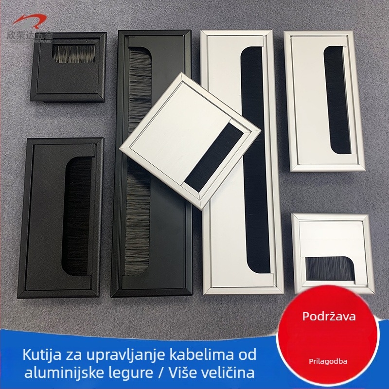 Aluminijska kutija za upravljanje kabelima za uredski stol s otvarajućim poklopcem i četkom, pravokutni dekorativni poklopac prolaza kablova