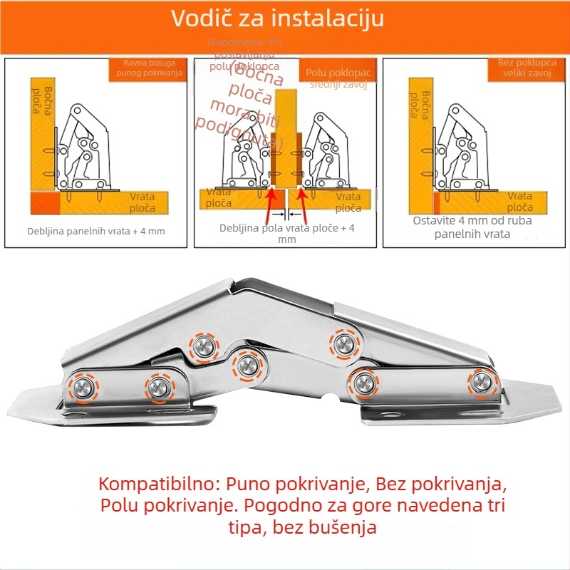 Šarniri za ormar s amortizerom za sklopne vrata, bez bušenja, veličine 3/4/5 inča