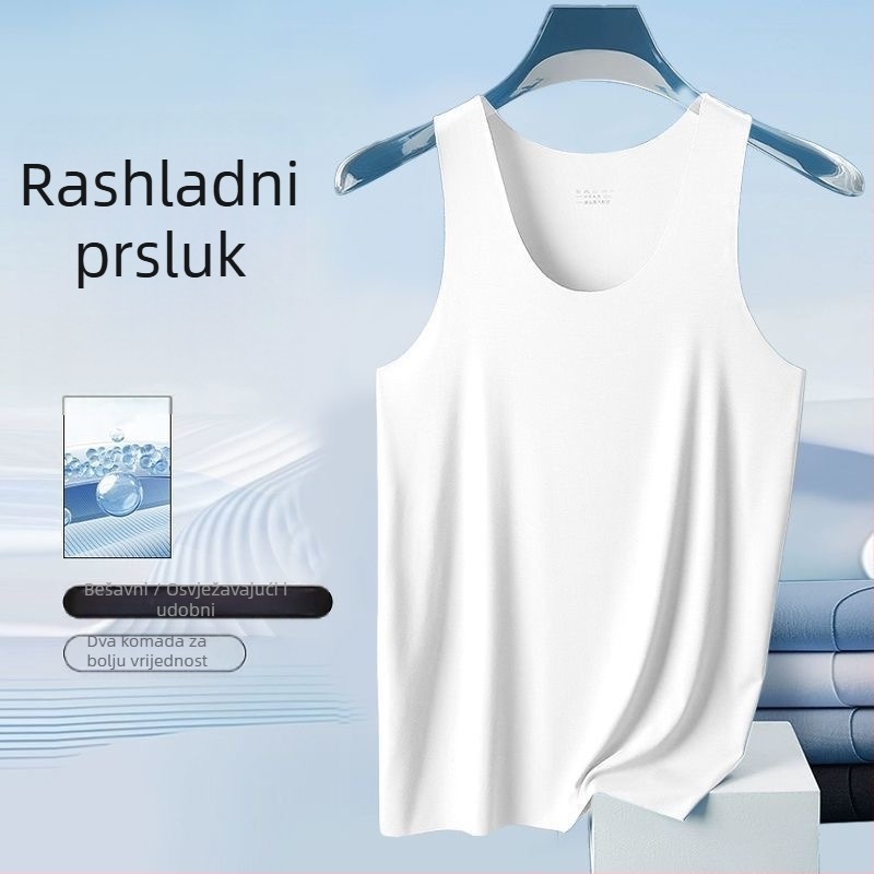 Muška bezšivna majica bez rukava od ice silk, okrugli izrez, uski kroj, sportski stil, visoka elastičnost, ljeto