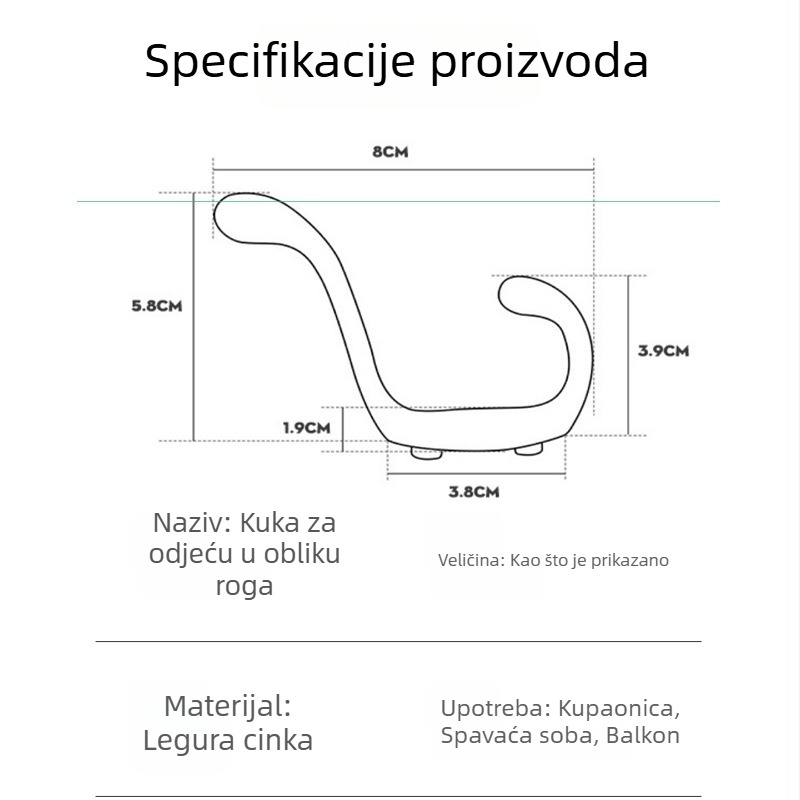 Kuka od cinkovog legura, metalna jednostruka kuka za vrata, kupaonica