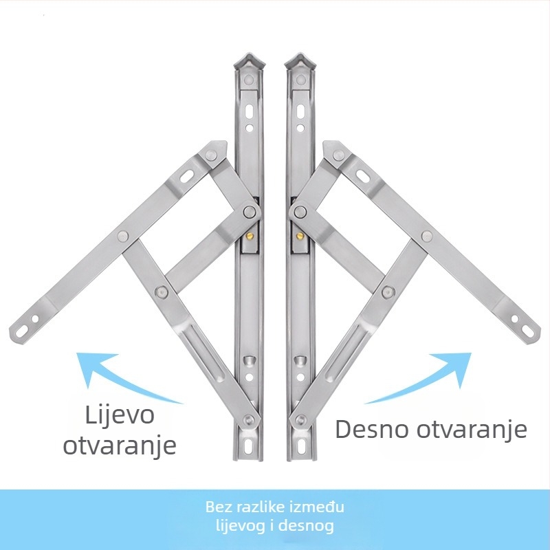 Nerđajući čelik – potpora za prozor s gornjim otvaranjem, za toplinski odijeljeni aluminijski prozor, sa šarkom i sigurnosnim limiterom pada