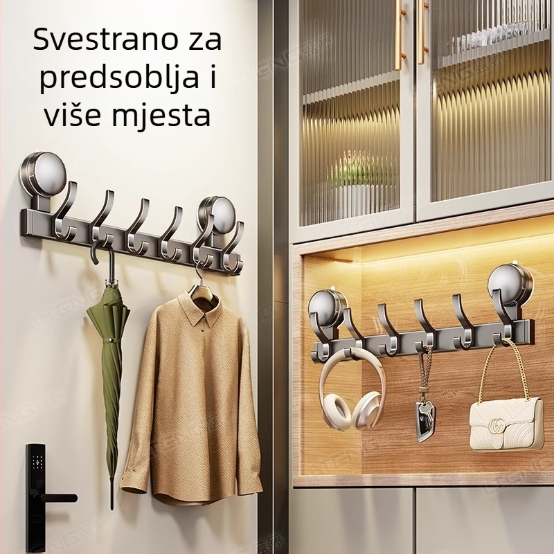 Kuka s usisnom čašom, bez bušenja, zidni držač za kupaonicu i kuhinju, tri reda kuka, aluminijska legura, nosivost do 10 kg