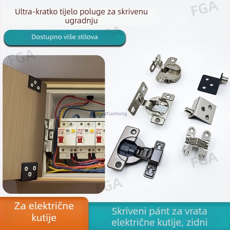 Nevidljiva šarka za vrata električnog ormarića, zidna montaža, uski bočni panel, ultra-kratko krilo, amortizator