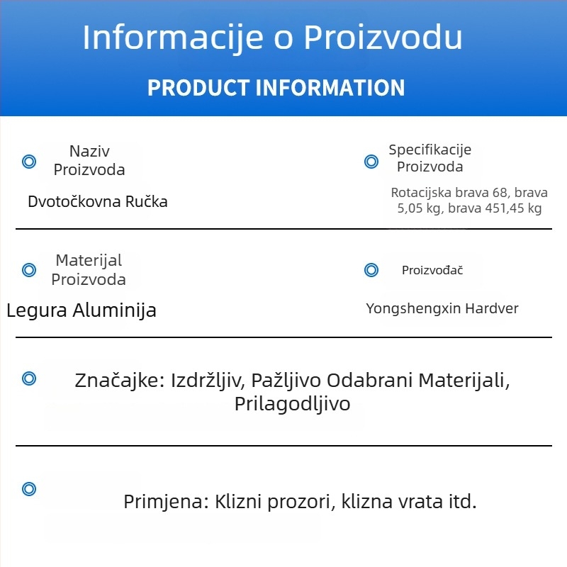 Vanjska ručka za otvaranje aluminijskih vrata i prozora s polumjesečnim zaključavanjem, dvopunktni zaključak, aluminijska legura