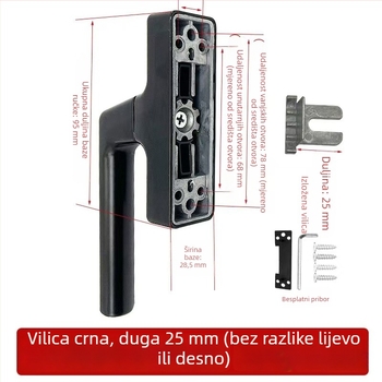Crna kvaka za prozore od aluminijske legure, potpuno set s brtvama i vijcima