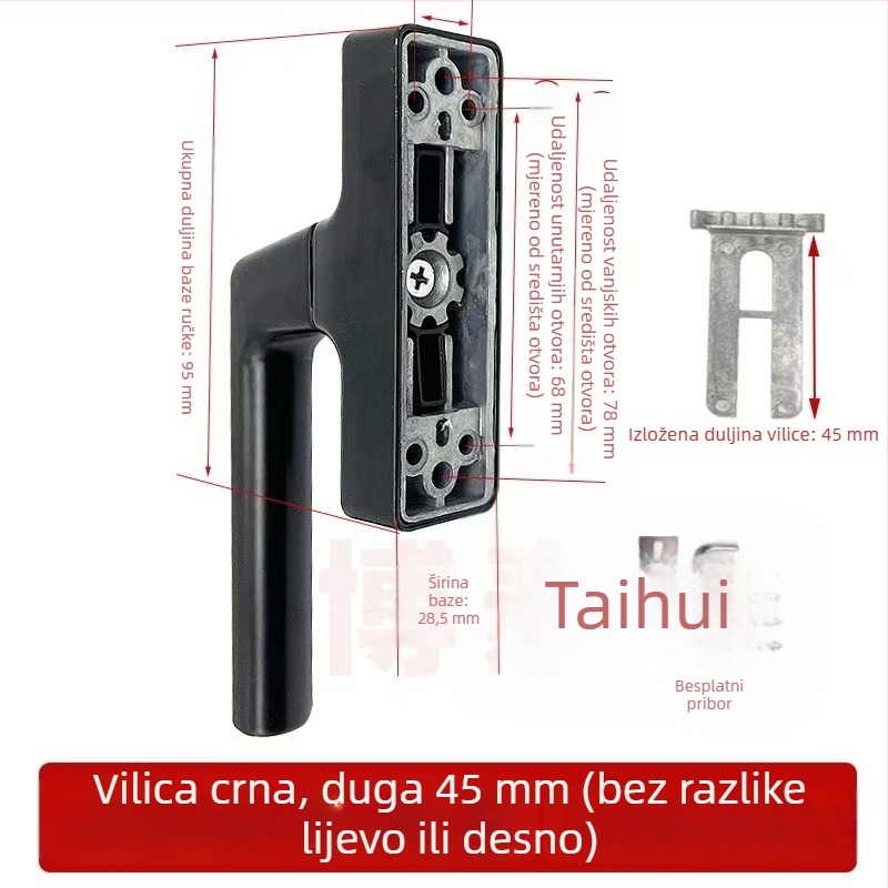 Crna kvaka za prozore od aluminijske legure, potpuno set s brtvama i vijcima