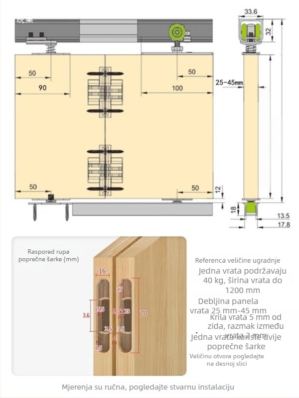 Komplet vodilica i kolotka za sklopivi prozor s drvenim vratima — lijeva i desna klizna vrata, balkonska pregrada