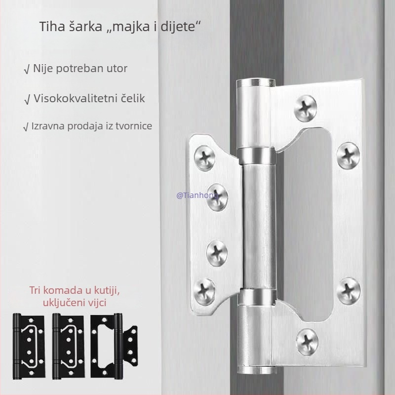 Komplet od tri šarke za vrata od nehrđajućeg čelika, debeli, bez bušenja, tiho za drvena vrata, veličine 4 i 5 inča