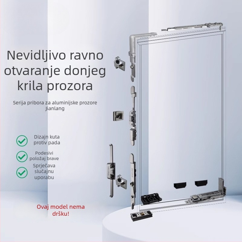 Skriti hardver za aluminijska prozora s toplinskim mostom: unutarnje otvaranje, unutarnje nagibno otvaranje, donje vješanje prozora (bez ručke)