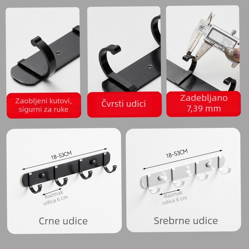 Zidna kuka za odjeću, snažna, do 15 kg, od aluminijske legure, bez bušenja