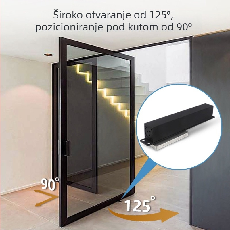 Hidraulički aktuator dodatna oprema za skrivena rotirajuća vrata s osi neba i zemlje, 125° široko otvaranje, ekscentrna os, aluminijski okvir za drvena vrata, automatsko pozicioniranje