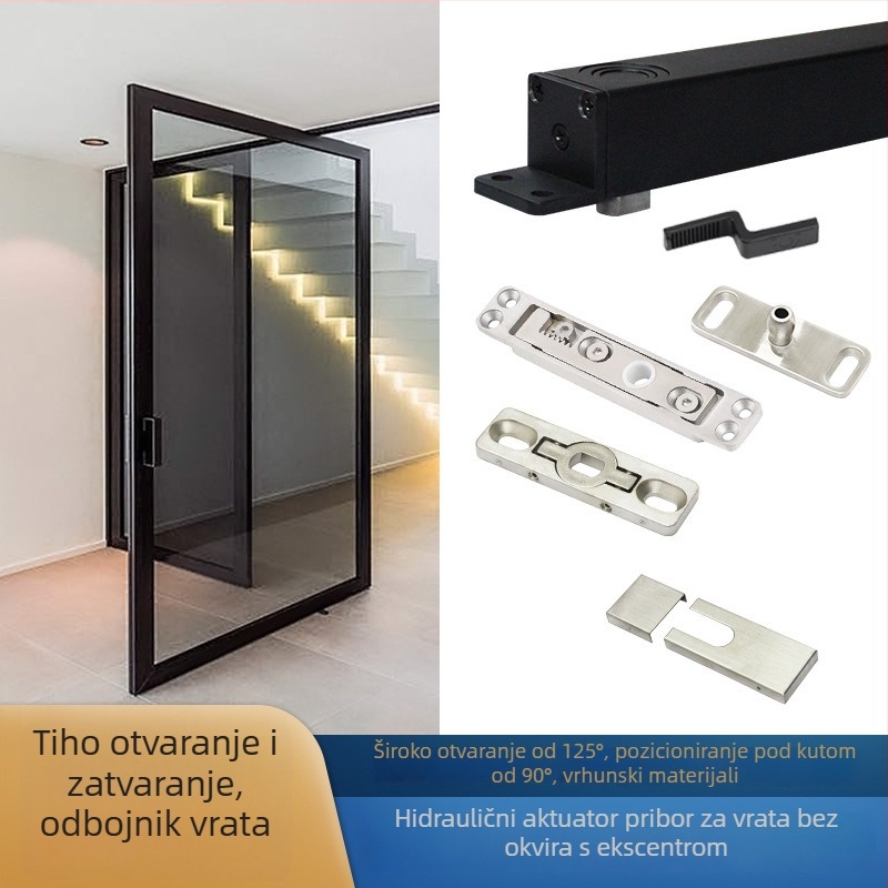 Hidraulički aktuator dodatna oprema za skrivena rotirajuća vrata s osi neba i zemlje, 125° široko otvaranje, ekscentrna os, aluminijski okvir za drvena vrata, automatsko pozicioniranje