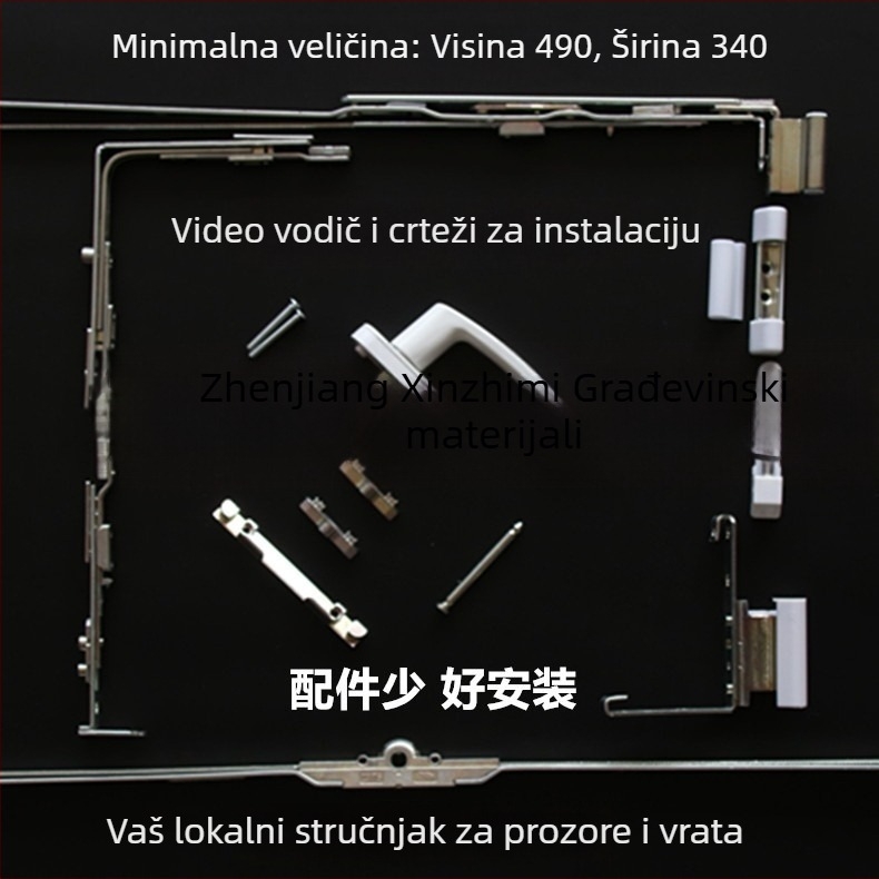Set hardvera za PVC prozore: šarke, brave i mehanizme za otvaranje prema unutra i gornje viseće prozore