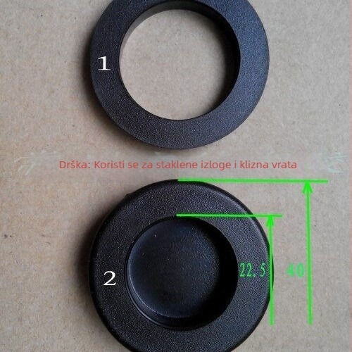 Staklena vrata: okrugla plastična klizna ručka s otvorom Ø30 mm, spojni plug-in sustav za klizna vrata i prozore, drvo-aluminijska legura