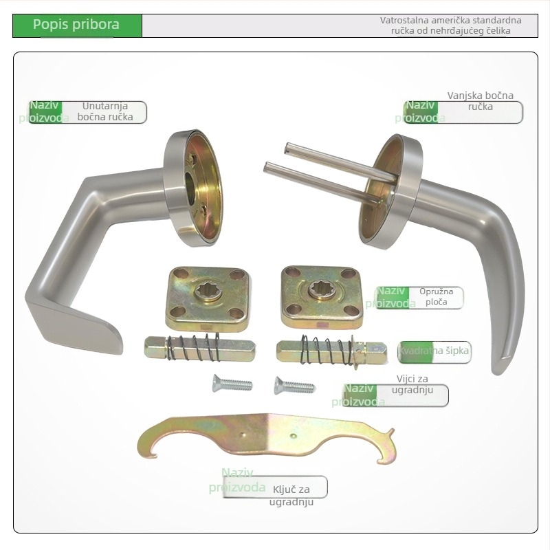 Kvaka za vrata od nehrđajućeg čelika u stilu American Standard, za prolazna i protupožarna vrata, pribor za zaključavanje