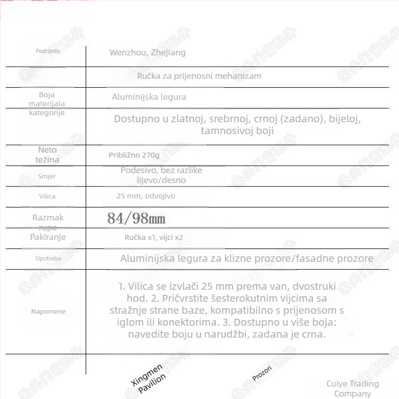 Aluminijski hardver za prozore s lukasto oblikovanom velikom ručkom za unutarnje otvaranje i prozore u sustavu curtain wall