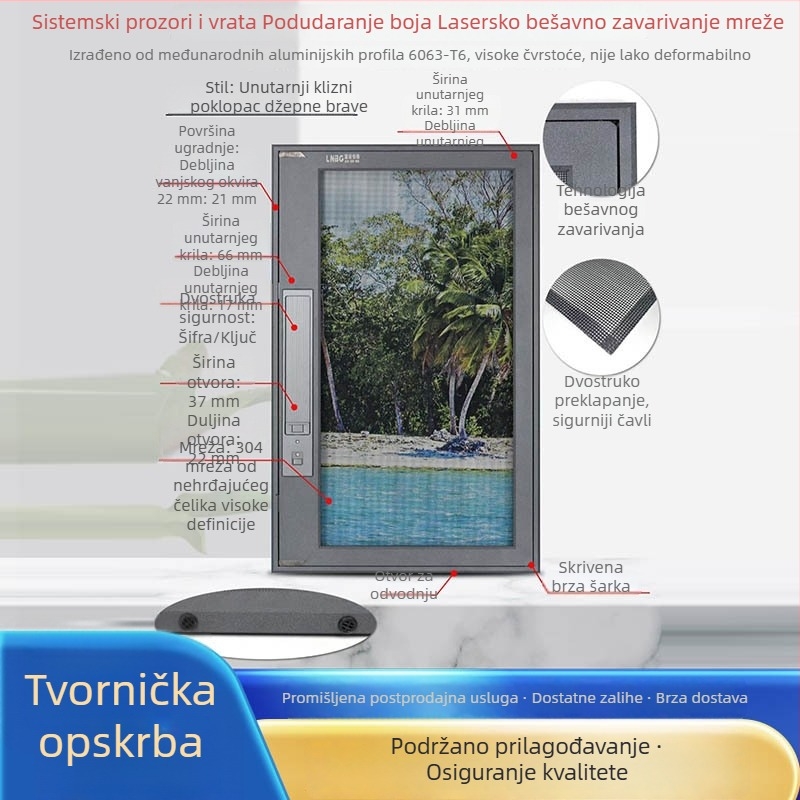 Prozor s dijamantnom mrežom od nehrđajućeg čelika 304, bezšivna zavarena rubna linija, ultra uski rub, otvaranje prema van, visoka prozirnost, samoinstalacija uz zaključavanje