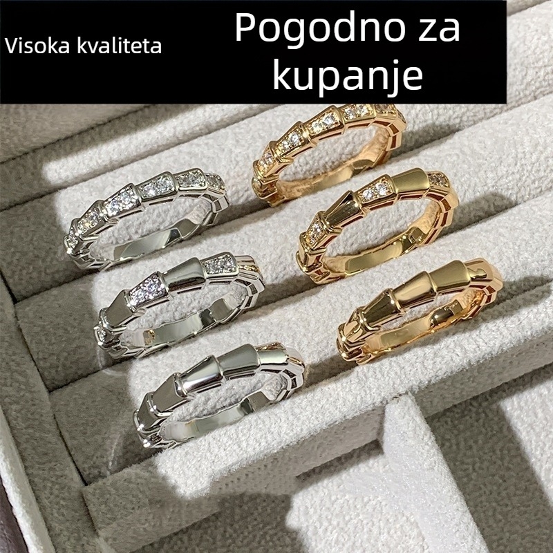 Ženski prsten od 925 srebra, dizajn zmijskog kostura, visok sjaj, 18k pozlata, pavé dijamantima, set od dva prstena