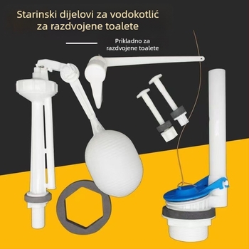 Stari dvodijelni set dijelova za WC: ventil za ispražavanje spremnika, vodeni ventil, WC sjedalo, plutajući kugla, ključ, prekidač