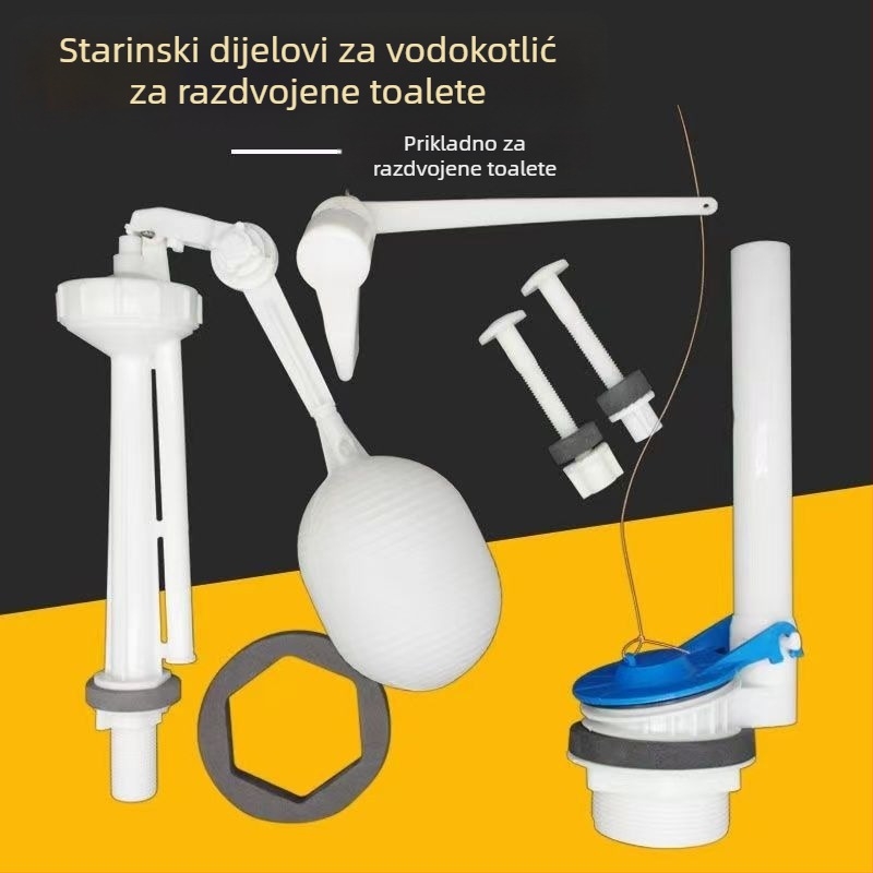 Stari dvodijelni set dijelova za WC: ventil za ispražavanje spremnika, vodeni ventil, WC sjedalo, plutajući kugla, ključ, prekidač