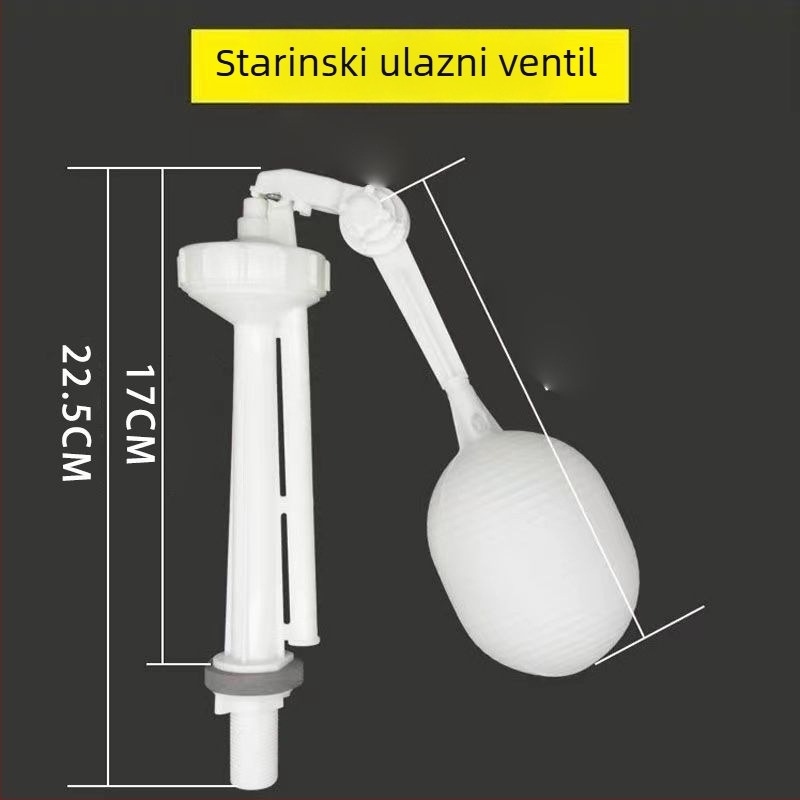 Stari dvodijelni set dijelova za WC: ventil za ispražavanje spremnika, vodeni ventil, WC sjedalo, plutajući kugla, ključ, prekidač