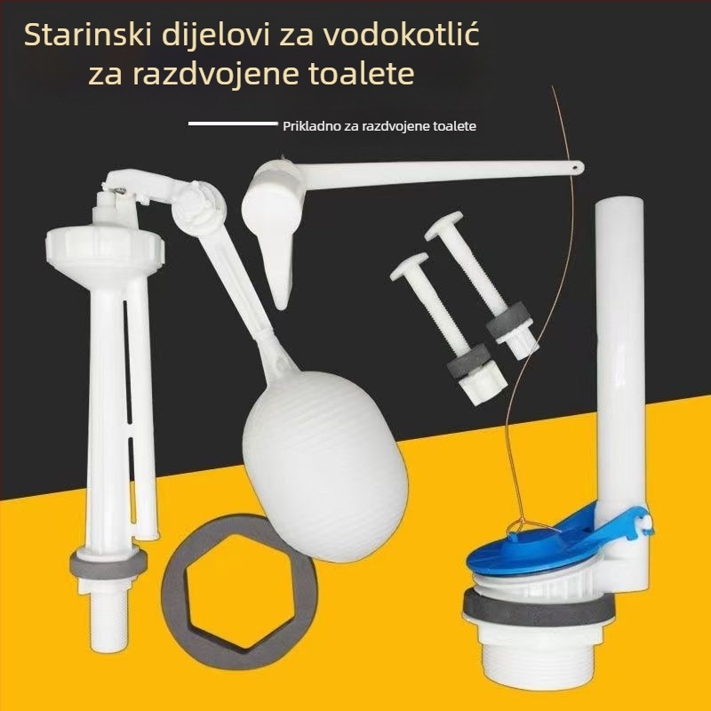 Stari dvodijelni set dijelova za WC: ventil za ispražavanje spremnika, vodeni ventil, WC sjedalo, plutajući kugla, ključ, prekidač