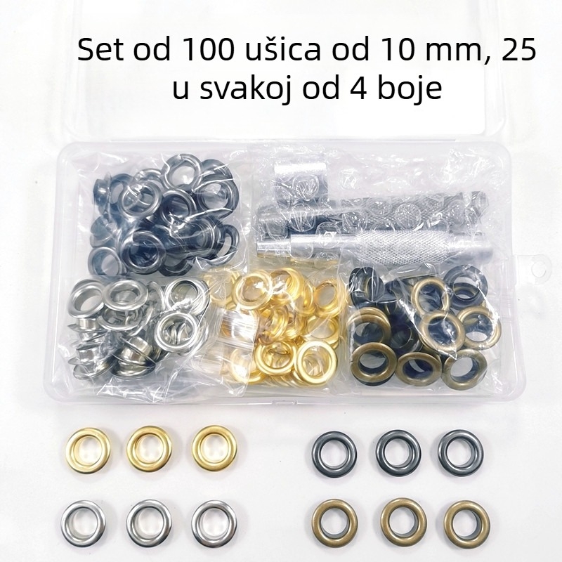 Mesing eyeleti set, 100 kom, promjer 10 mm, uz alat za ugradnju za šatore i zavjese