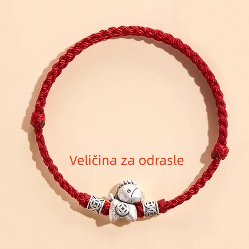 999 srebrni narukvica za žene, Godina konja, crvena vrpca, privlači bogatstvo i sreću, vintage stil