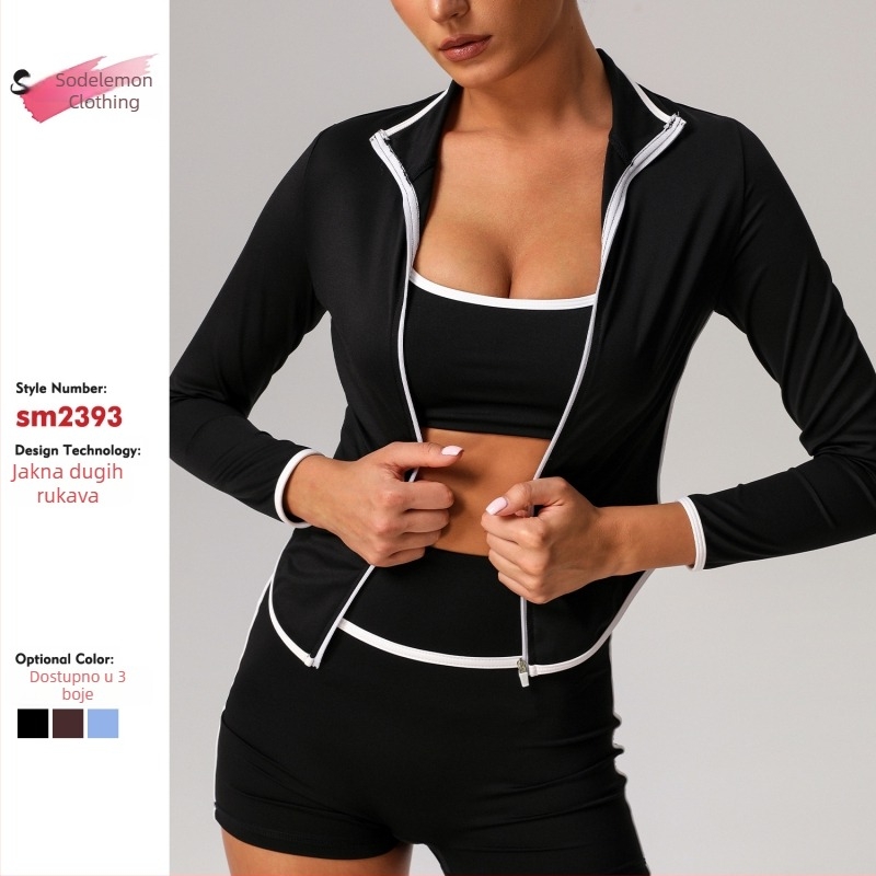 Ženska jakna za jogu s kontrastnim blokovima boja, brzo sušenje, stojeća ovratnik, dugi rukavi, uski kroj, vanjski fitness top