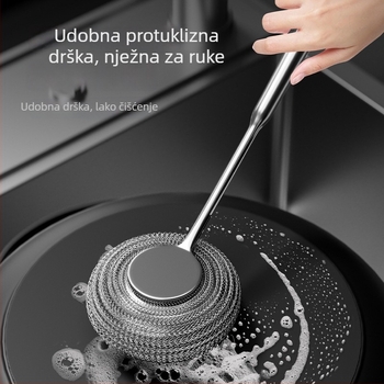 Četka za posuđe od nehrđajućeg čelika s dugim drškom, čišćenje posuda i tanjura, kuglica od čelične vate koja ne ostavlja vlakna, kuhinjski alat