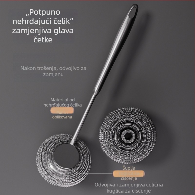 Četka za posuđe od nehrđajućeg čelika s dugim drškom, čišćenje posuda i tanjura, kuglica od čelične vate koja ne ostavlja vlakna, kuhinjski alat
