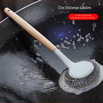 Četka za lonce od nehrđajućeg čelika s dugačkom drškom, glava s čeličnim vlaknima u obliku kugle za uklanjanje naslaga, ergonomska neklizajuća drška.