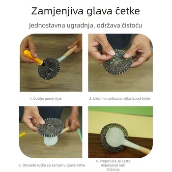 Četka za lonce od nehrđajućeg čelika s dugačkom drškom, glava s čeličnim vlaknima u obliku kugle za uklanjanje naslaga, ergonomska neklizajuća drška.