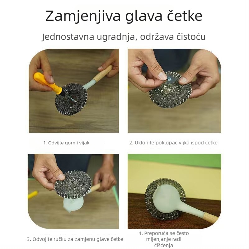Četka za lonce od nehrđajućeg čelika s dugačkom drškom, glava s čeličnim vlaknima u obliku kugle za uklanjanje naslaga, ergonomska neklizajuća drška.