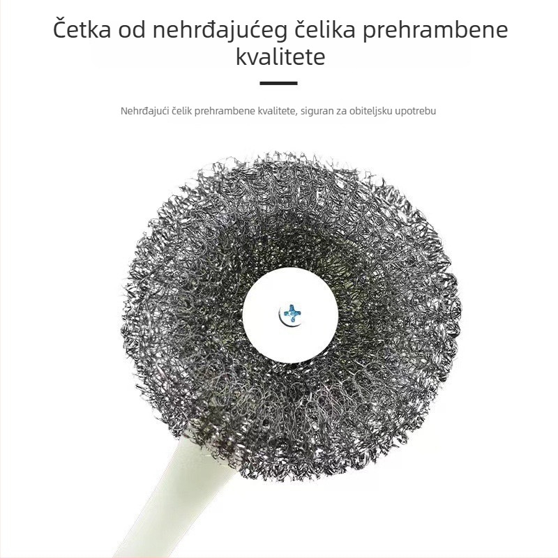 Četka za lonce od nehrđajućeg čelika s dugačkom drškom, glava s čeličnim vlaknima u obliku kugle za uklanjanje naslaga, ergonomska neklizajuća drška.