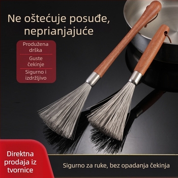 Četka za lonce od nehrđajućeg čelika s dugom drvenom drškom – kuhinjska četka za čišćenje posuđa i zdjela