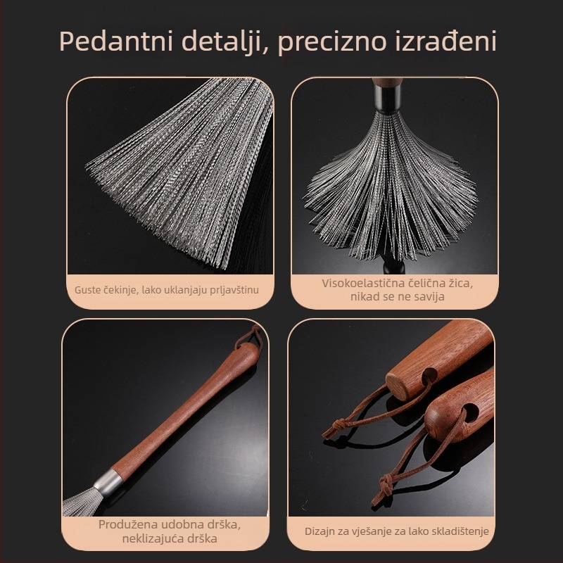 Četka za lonce od nehrđajućeg čelika s dugom drvenom drškom – kuhinjska četka za čišćenje posuđa i zdjela