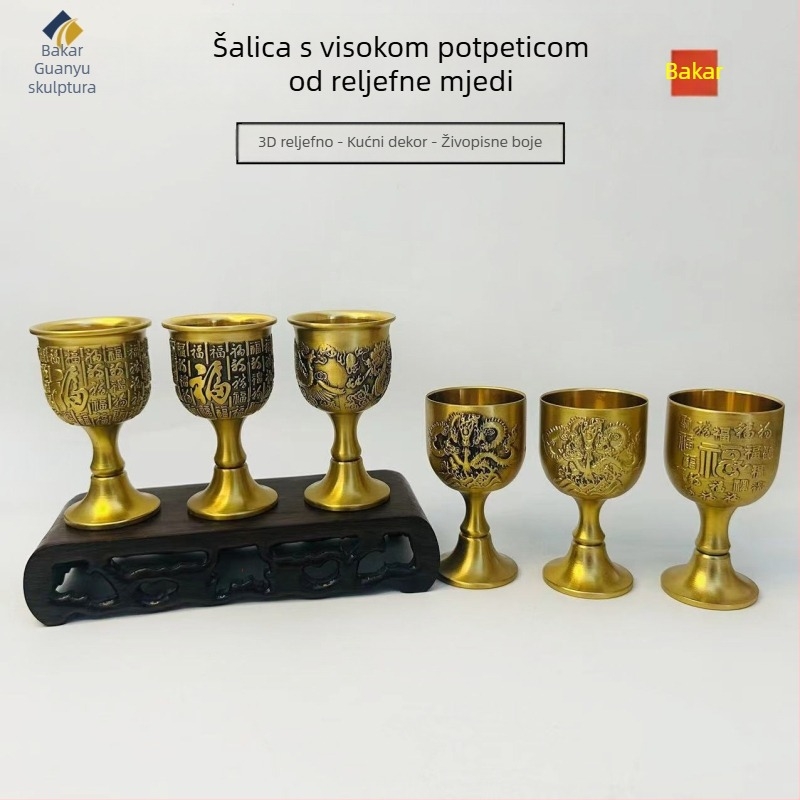 Mosazna čaša za vino s drakom i feniksom, visoka noga, retro kućna dekoracija